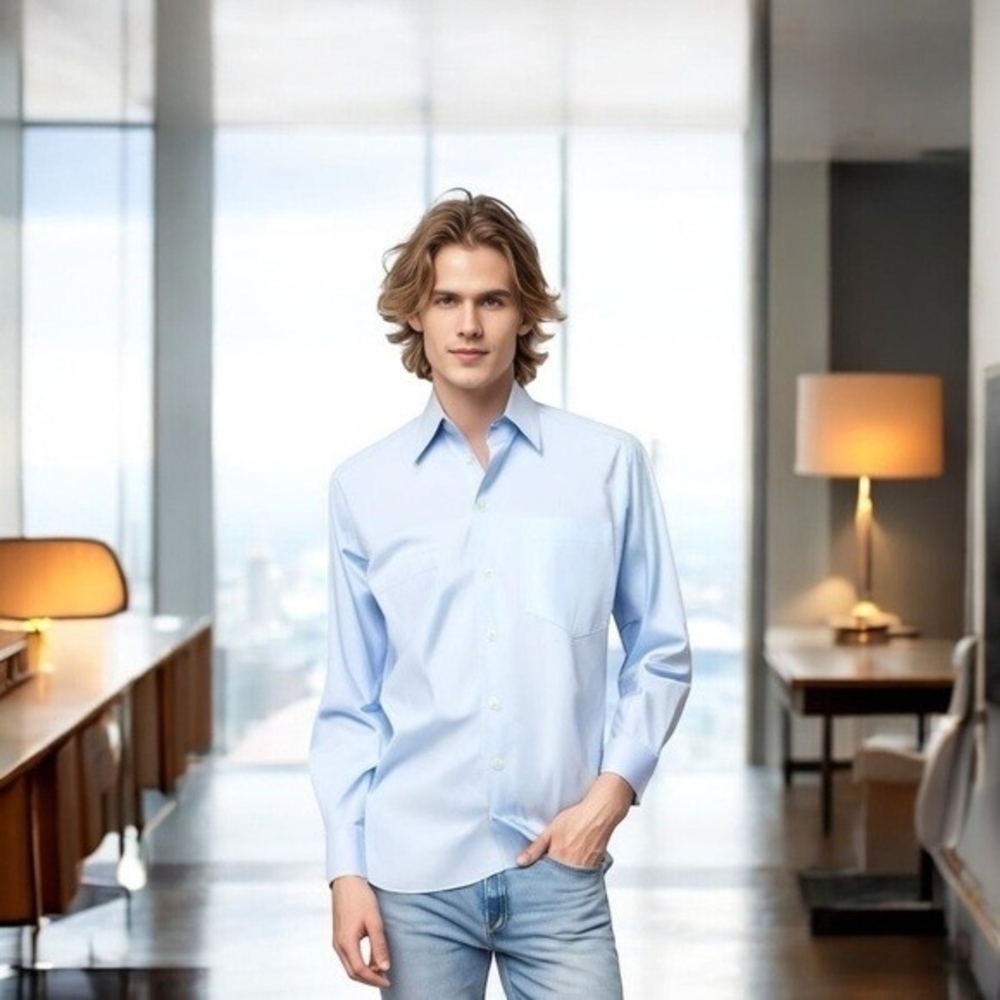 ENZO Custom Tailored Light Blue Cotton Button-Up Long Sleeve Men's Shirt Size M